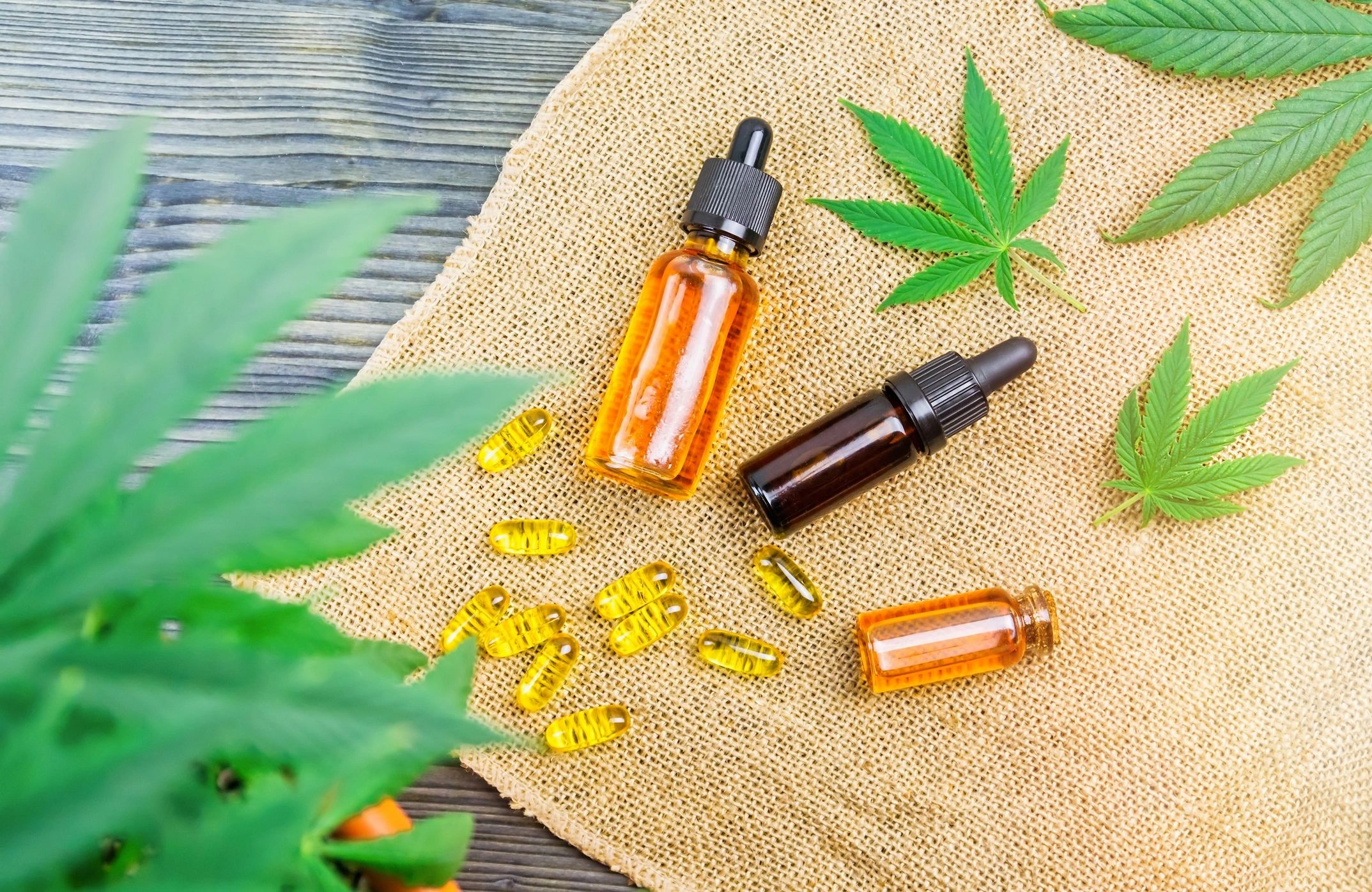 CBD oil bottles and hemp leaves wellness